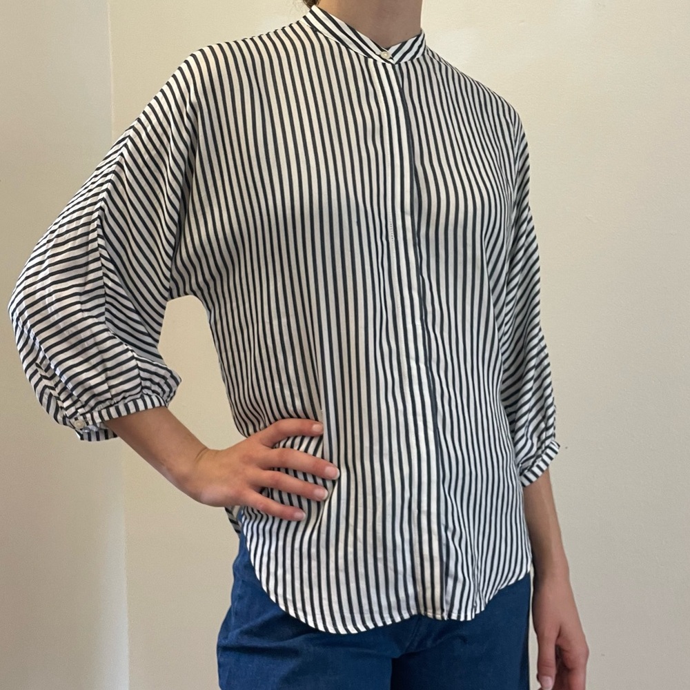 Ann Taylor Mandarin Collar Striped Button Down